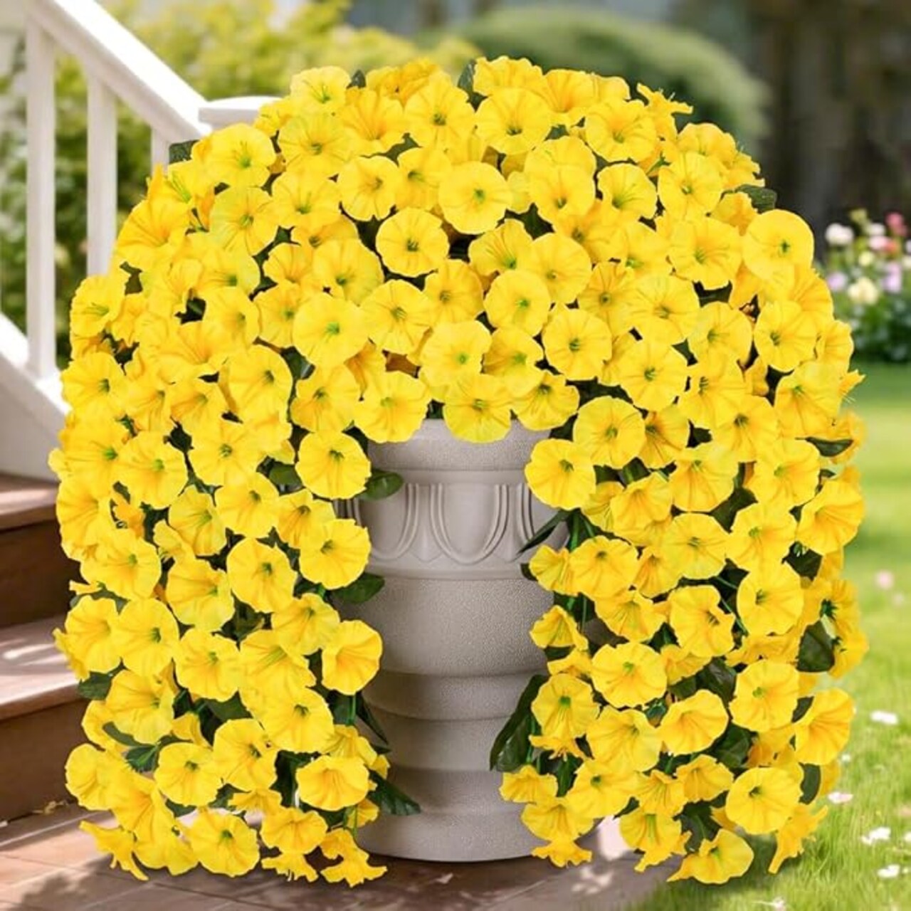 Artificial Fake Hanging Flowers Plants for Outdoor Outside Spring Decoration, 2PCS Faux Silk UV Resistant Look Real Yellow Morning Glory Trailing Vines for Home Planter Porch Patio Balcony